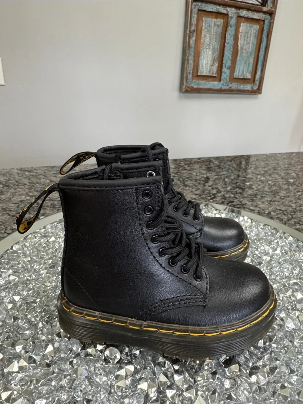 Dr. Martens Black Leather Lace-Up Boots with Yellow Accents EUC 7 toddler